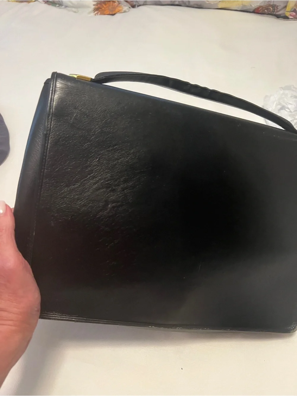 Vintage Revillon Paris Black Leather Top Handle Bag Made in France Gold Crest